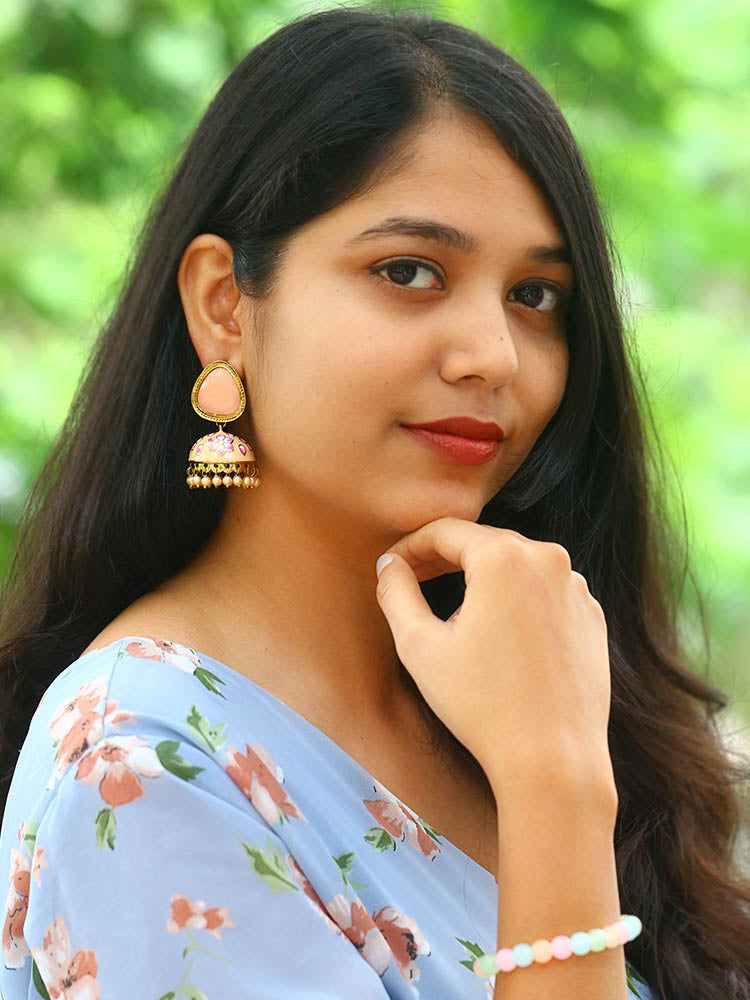 Peach Shesha Meenakari Jhumkis